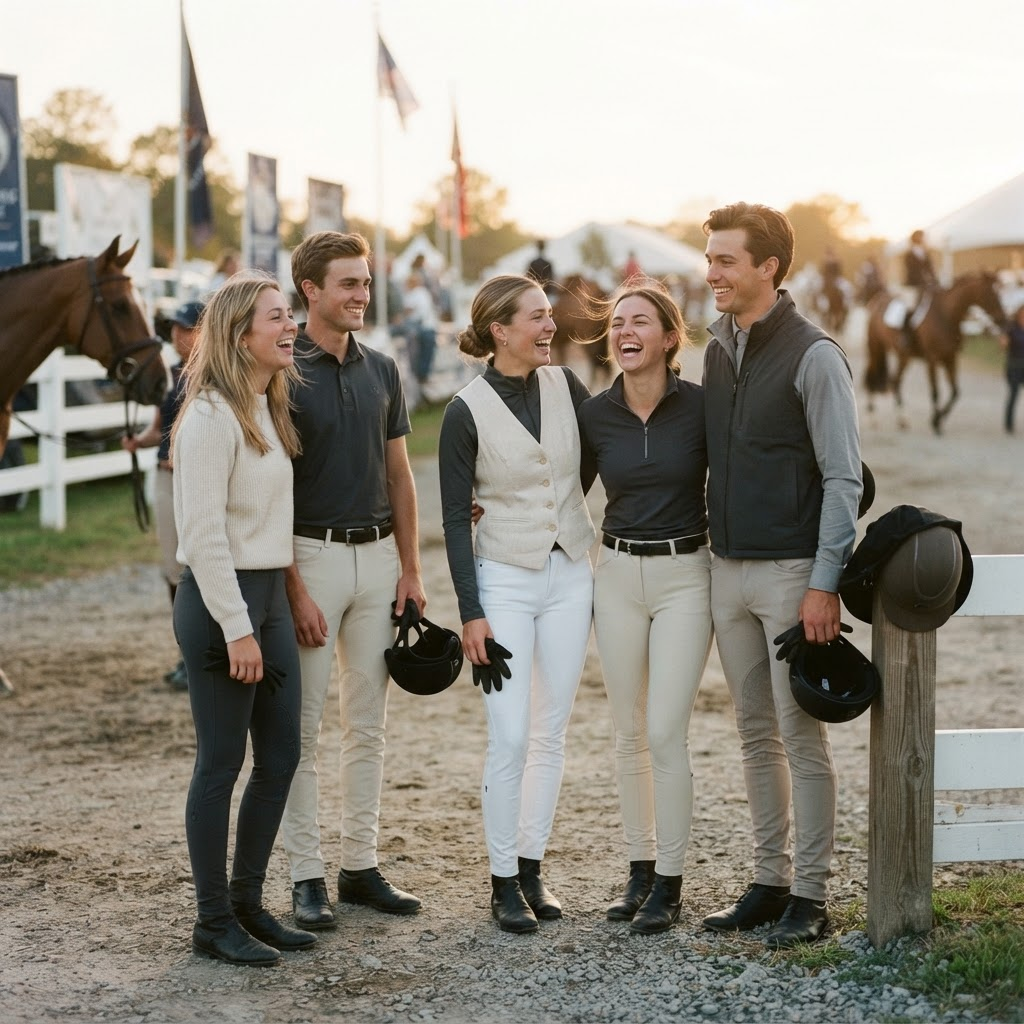 Equestrian friends together at the in-gate wearing Zero Rails